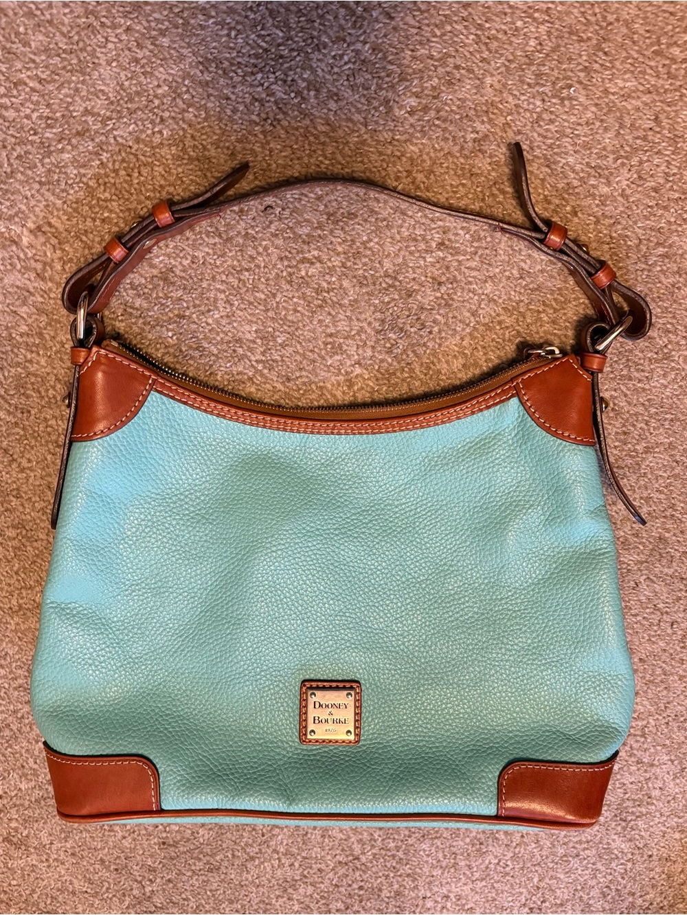 Dooney & Bourke Turquoise Leather Shoulder Bag with Brown Trim